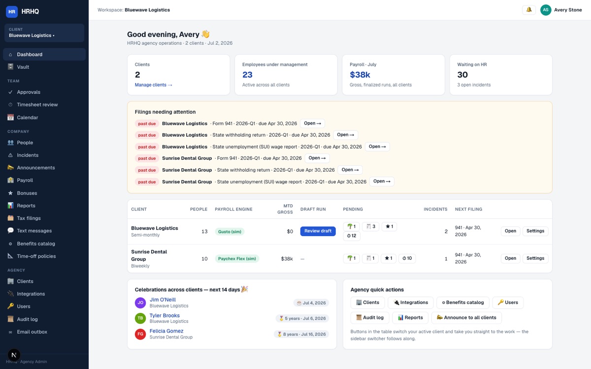 HRHQ agency payroll dashboard