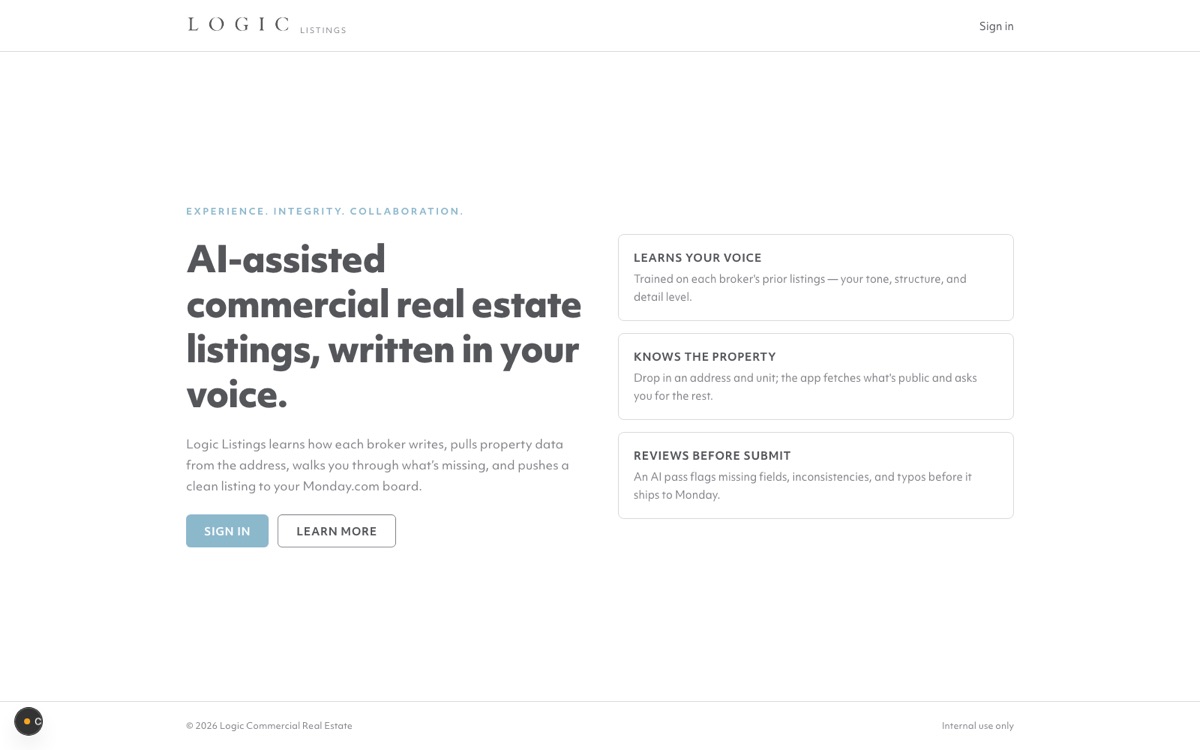 Logic Listings home — AI-assisted commercial real estate listings written in each broker's voice