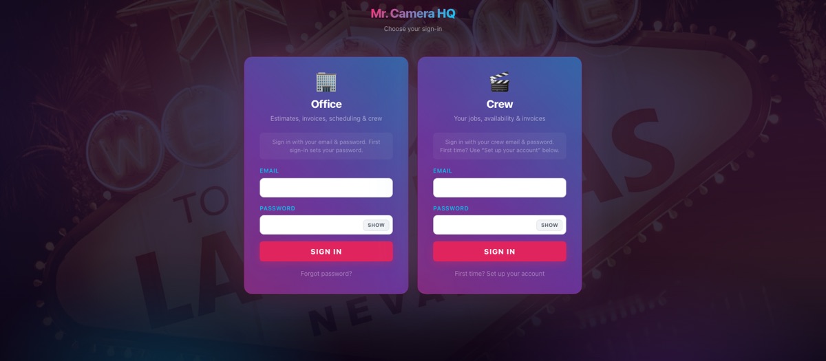 Mr. Camera HQ sign-in with Office and Crew portals over a Las Vegas backdrop