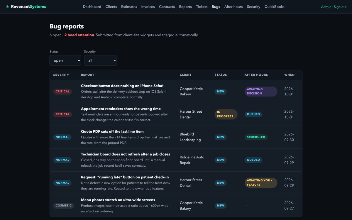 Client portal admin view: incoming bug reports with AI-assigned severity, summaries, status, and overnight-fix state (demo data)