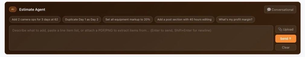Stickman HQ Estimate Agent panel with suggested commands like adding two camera ops for three days