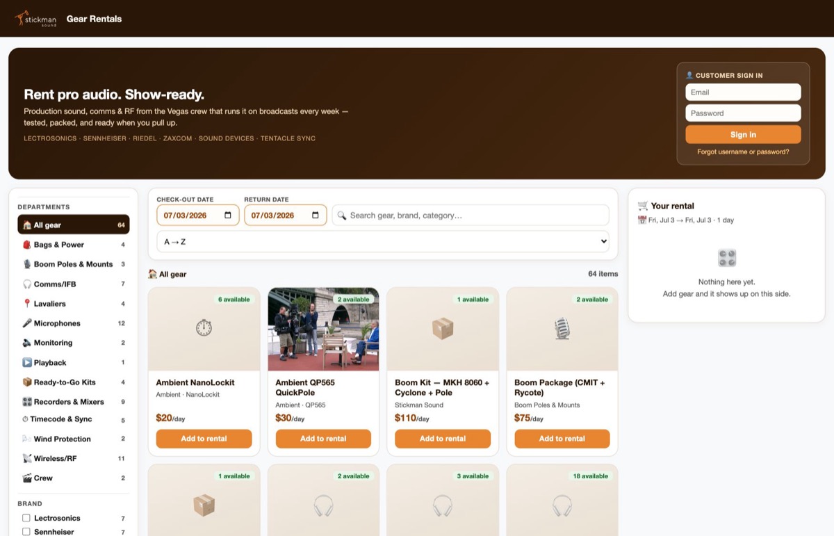 Customer-facing gear rental storefront with live availability
